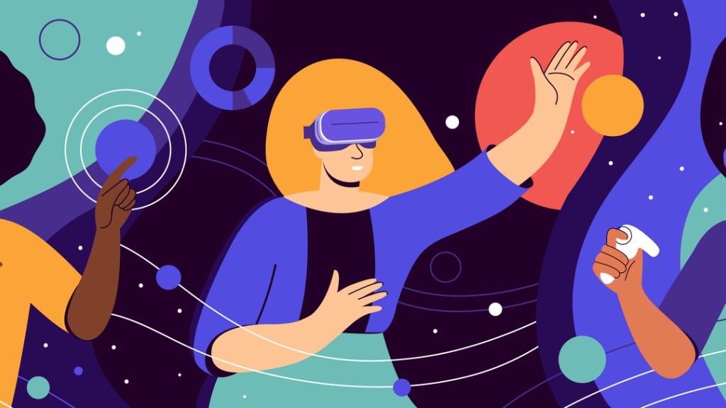 Illustration of three people using virtual reality (VR) headsets. Each person is interacting with a colorful, cosmic-themed environment featuring abstract planets, stars, and orbits. One person points at a floating circle, another raises their hand toward an orange sphere, and the third holds VR controllers, immersed in the experience. The background features deep purples, blues, and greens with celestial shapes like the moon and stars.