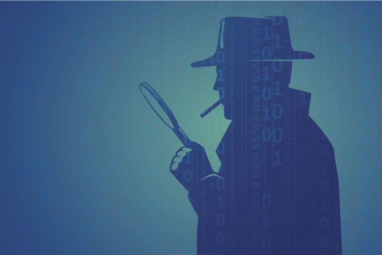 Cyber inspector looking through magnifying lens